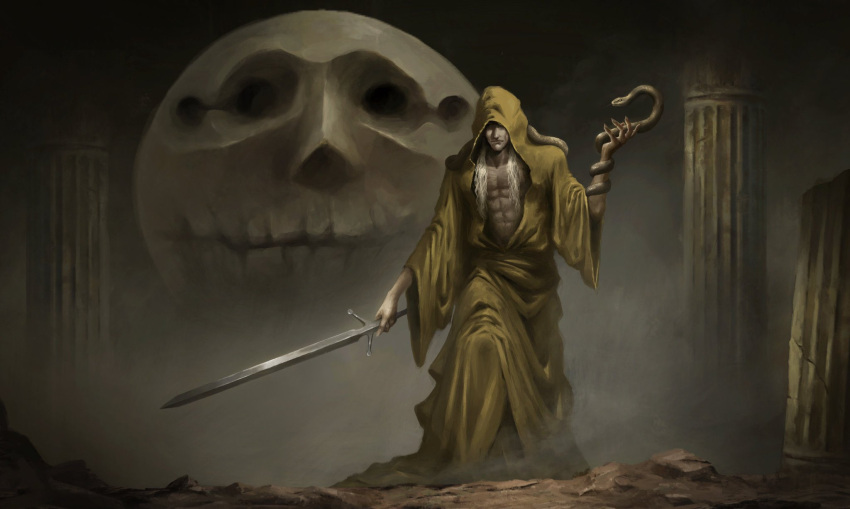 1boy, abs, broken_pillar, closed_mouth, commentary, commission, english_commentary, fear_&amp;_hunger, fear_&amp;_hunger_2:_termina, full_body, highres, holding, holding_sword, holding_weapon, le'garde_(fear_&amp;_hunger), long_hair, rher_(fear_&amp;_hunger), rioyudha22, robe, snake, spoilers, standing, sword, weapon, white_hair, yellow_robe