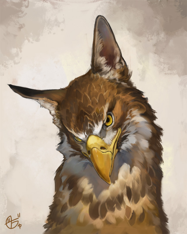 animal_focus, brown_background, brown_feathers, closed_mouth, commentary_request, feathers, griffon, looking_at_viewer