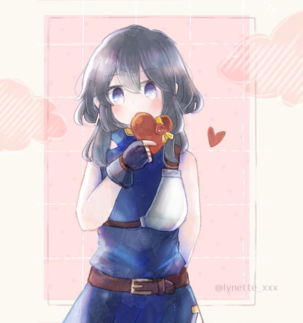 1girl, armor, belt, black_hair, blue_eyes, blue_tunic, blush, box