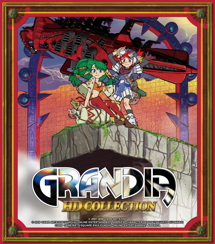 1boy, 1girl, absurdres, aircraft, airship, blue_eyes, boots, cover