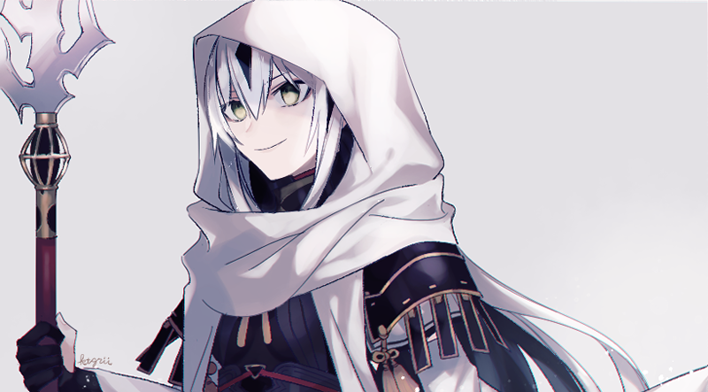 1girl, armor, black_gloves, black_hair, breasts, closed_mouth, fate/grand_order, fate_(series), gloves, hair_between_eyes, holding, holding_polearm, holding_weapon, hood, hood_up, japanese_armor, katagiri_(mighty_swing), long_hair, long_sleeves, looking_afar, multicolored_hair, nagao_kagetora_(fate), partially_fingerless_gloves, polearm, shoulder_armor, simple_background, small_breasts, smile, sode, solo, streaked_hair, twitter_username, upper_body, weapon, white_background, white_hair, white_hood, yellow_eyes, yellow_tassel