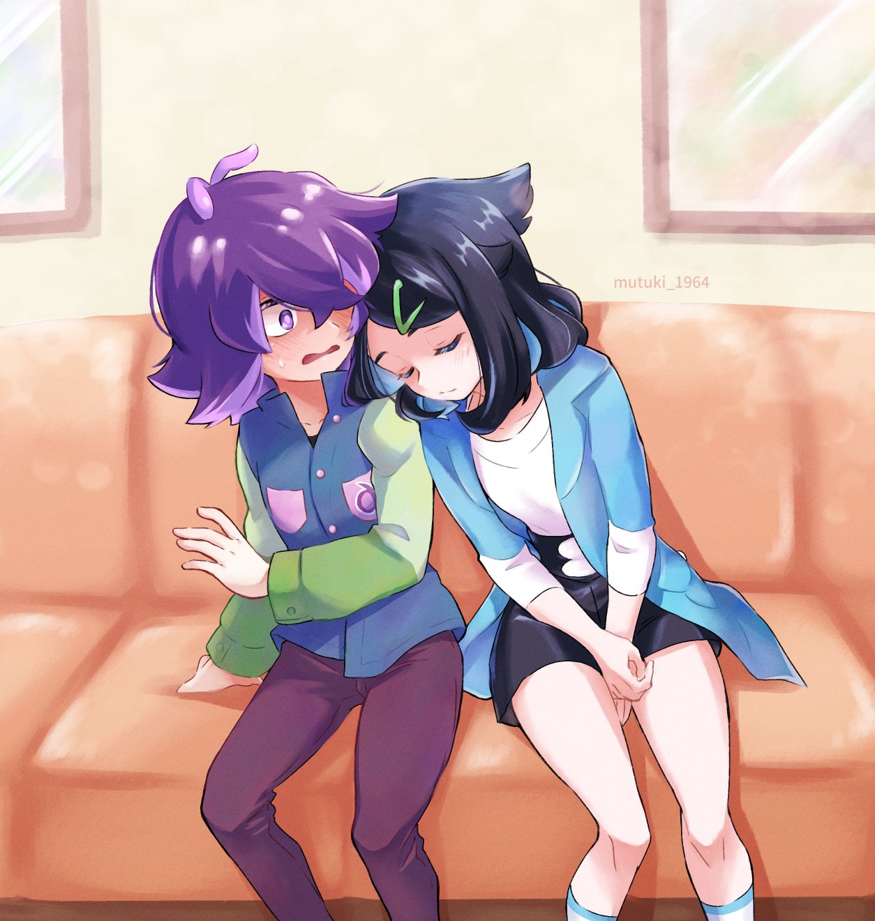 2girls, black_hair, blush, closed_eyes, closed_mouth, couch, dot_(pokemon), eyelashes