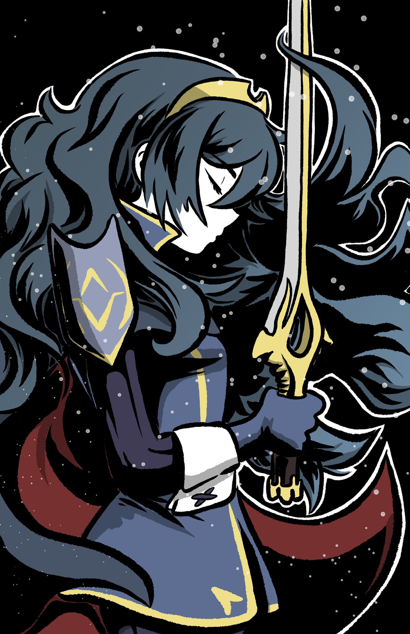 1girl, armor, black_background, blue_cape, blue_gloves, blue_hair, cape, closed_eyes