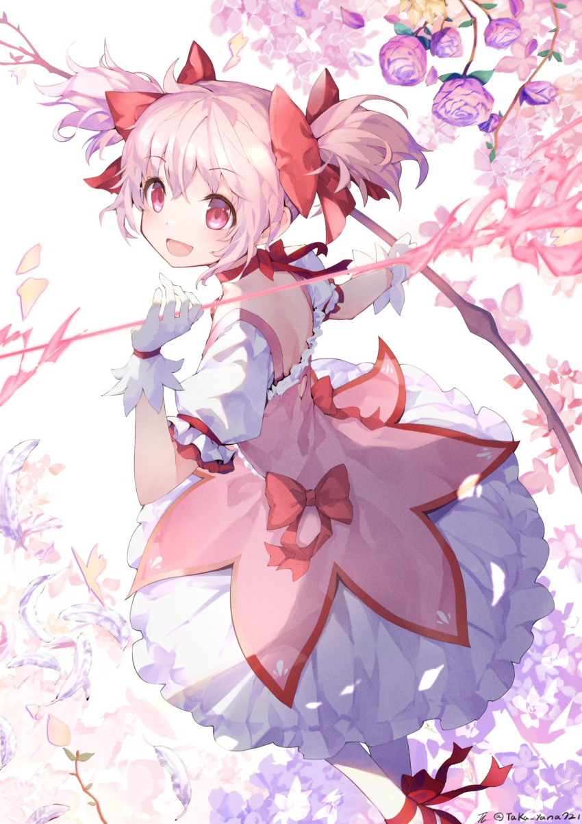 1girl, :d, ankle_ribbon, ankle_strap, arm_at_side, arrow_(projectile), back_cutout, bow