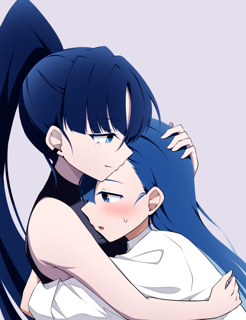 2girls, ado_(utaite), black_shirt, blue_eyes, blue_hair, blush, closed_mouth, commentary_request