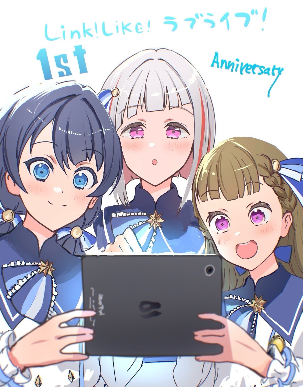 365_days_(love_live!), 3girls, :d, :o, anniversary, blue_eyes, blue_hair, blue_ribbon