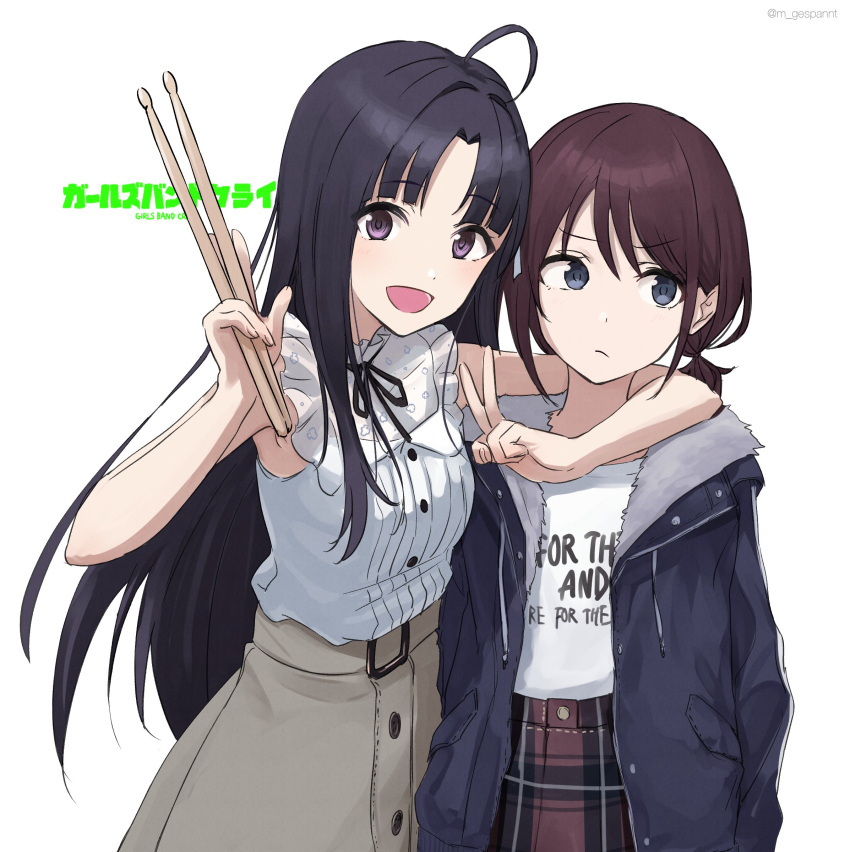 2girls, ahoge, arm_around_neck, awa_subaru, black_hair, black_ribbon, blue_eyes, blue_jacket