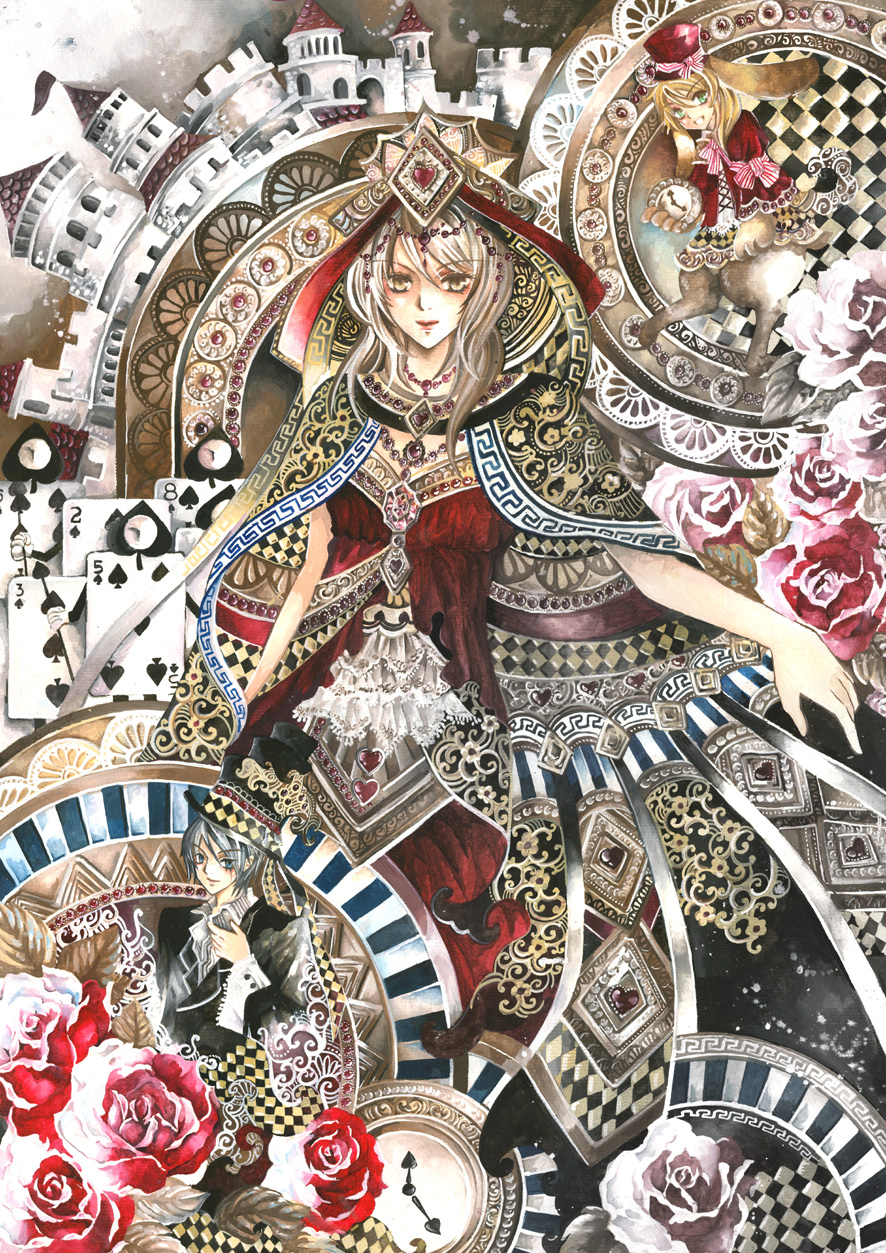 blonde_hair, card, card_creature, cards, castle, diadem, floating_card, flower
