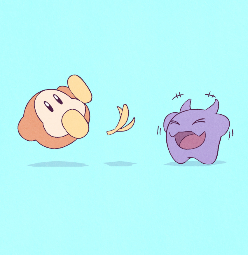 >_<, +++, 5health, banana_peel, black_eyes, blue_background, closed_eyes, colored_skin