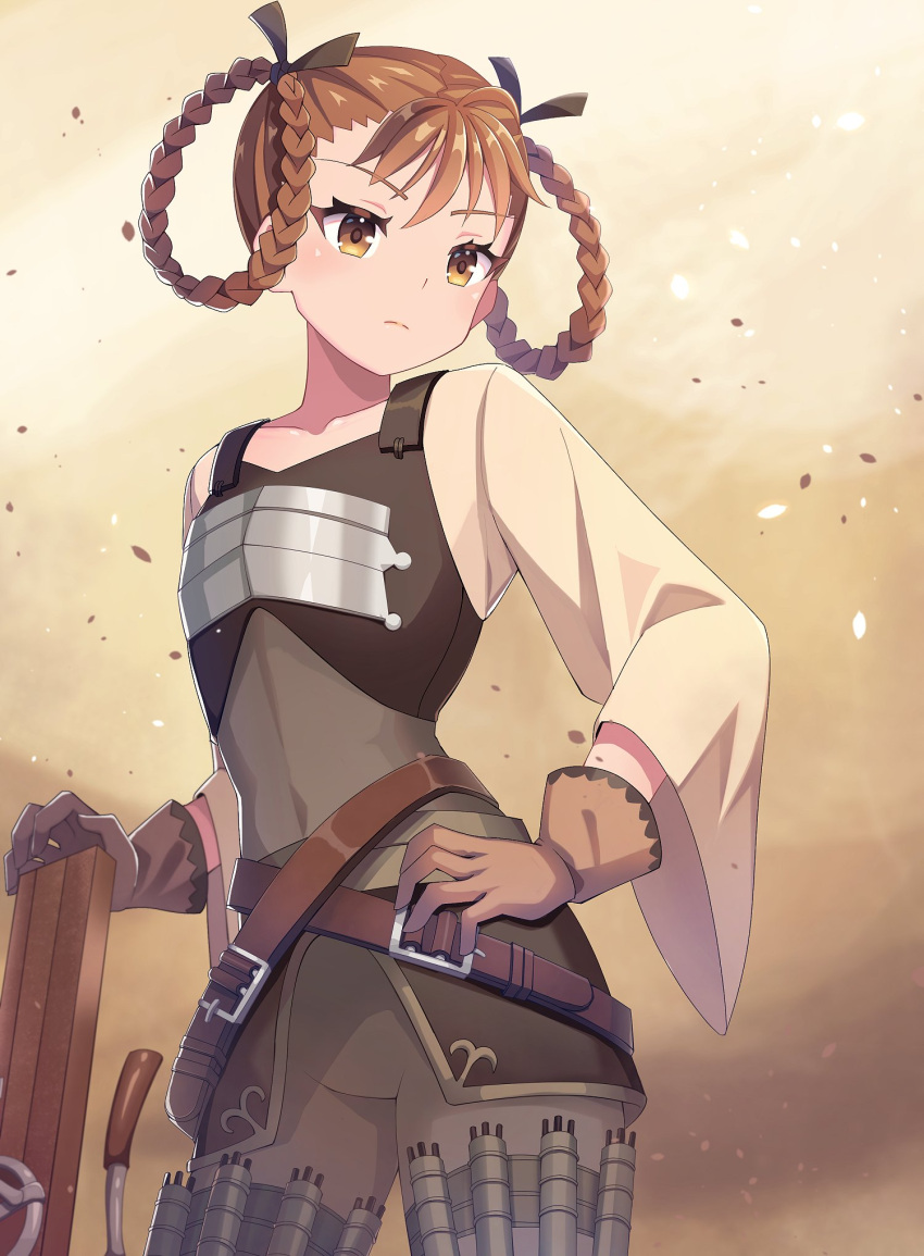 1girl, belt, bodysuit, braided_hair_rings, brown_background, brown_eyes, brown_gloves, brown_hair, closed_mouth, commentary_request, gloves, grey_bodysuit, hair_rings, highres, light_frown, liza_(unicorn_overlord), shira_yu_ki, solo, standing, unicorn_overlord, wide_sleeves