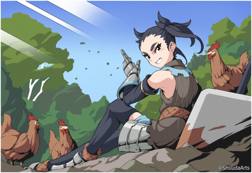 1girl, armor, artist_name, bird, black_eyes, black_hair, black_sleeves, black_thighhighs