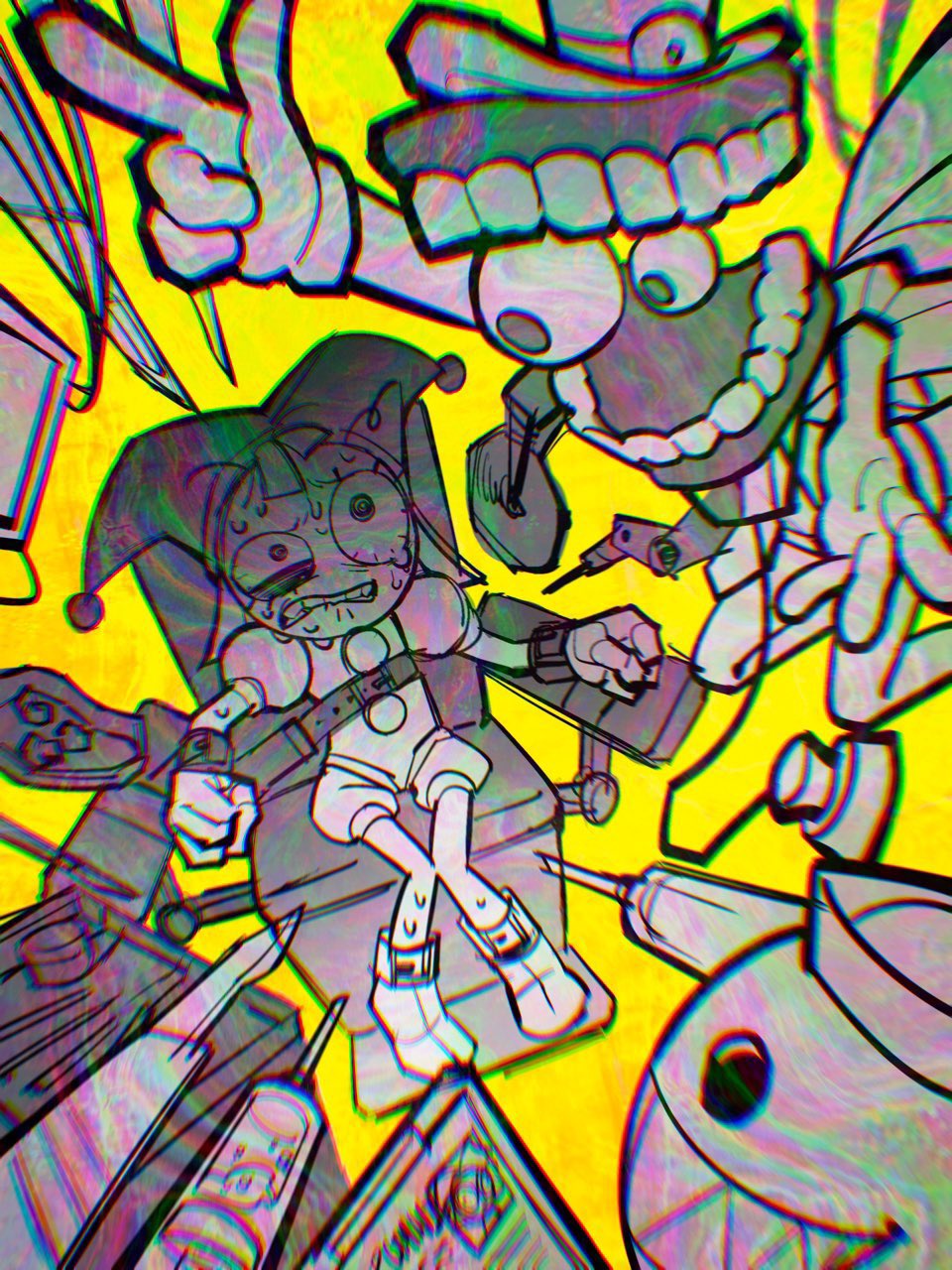 1boy, 1girl, biting_own_lip, bloodshot_eyes, bodysuit, bubble_(the_amazing_digital_circus), caine_(the_amazing_digital_circus), chromatic_aberration