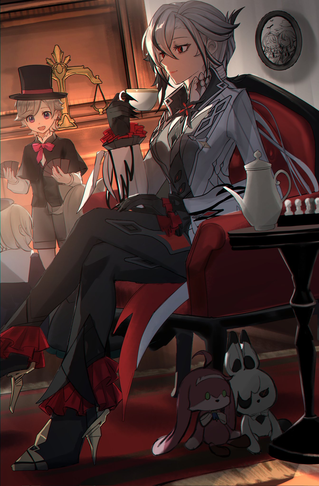 1girl, 2boys, :d, arlecchino_(genshin_impact), armchair, balance_scale, black_capelet, black_eyes