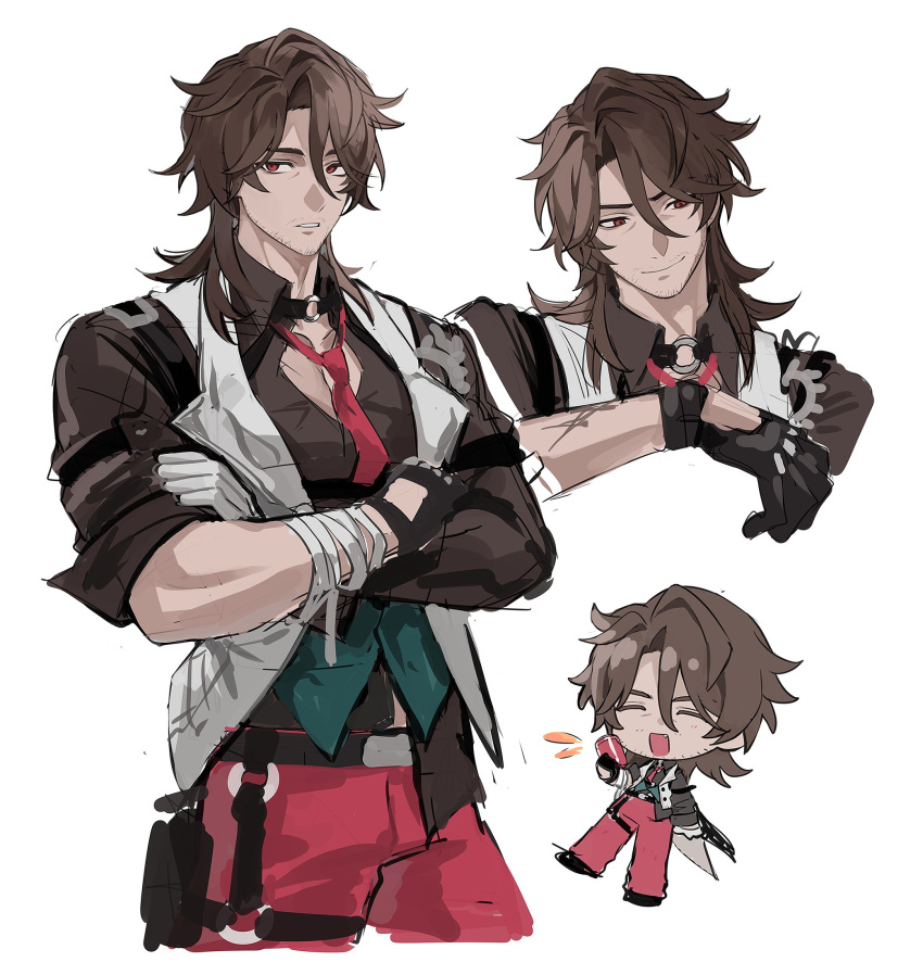 0_0himawa, asymmetrical_gloves, bandaged_arm, bandages, black_gloves, black_shirt, brown_hair, chibi