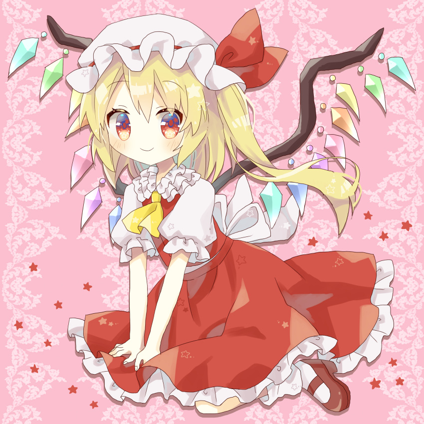 1girl, absurdres, ascot, blonde_hair, bow, crystal_wings, dress, flandre_scarlet