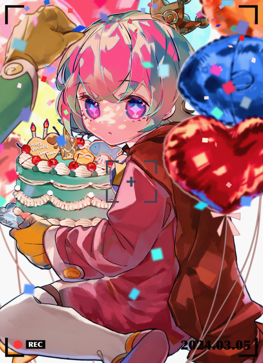 2boys, absurdres, androgynous, balloon, brown_gloves, candle, cape, character_cookie