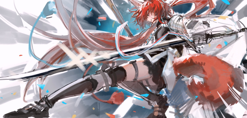 1girl, animal_ears, arknights, belt, black_footwear, black_shirt, black_skirt, black_thighhighs