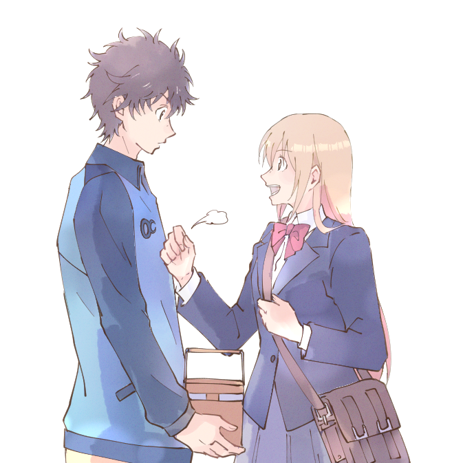 1boy, 1girl, ao_ashi, aoi_ashito, appleajyuxxxx, bag, blazer, blonde_hair