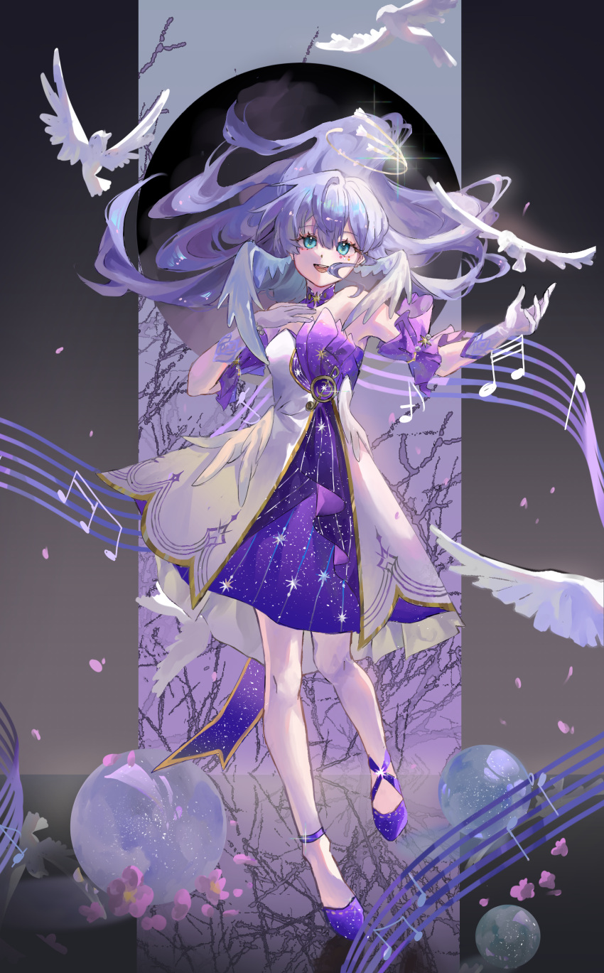 1girl, absurdres, aqua_eyes, bare_shoulders, bird, bracelet, detached_sleeves, dress
