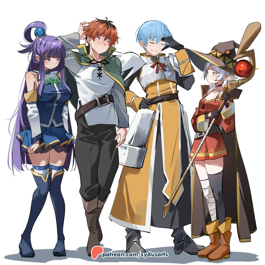 2boys, 2girls, :t, aqua_(konosuba), aqua_(konosuba)_(cosplay), armor, asymmetrical_legwear, belt