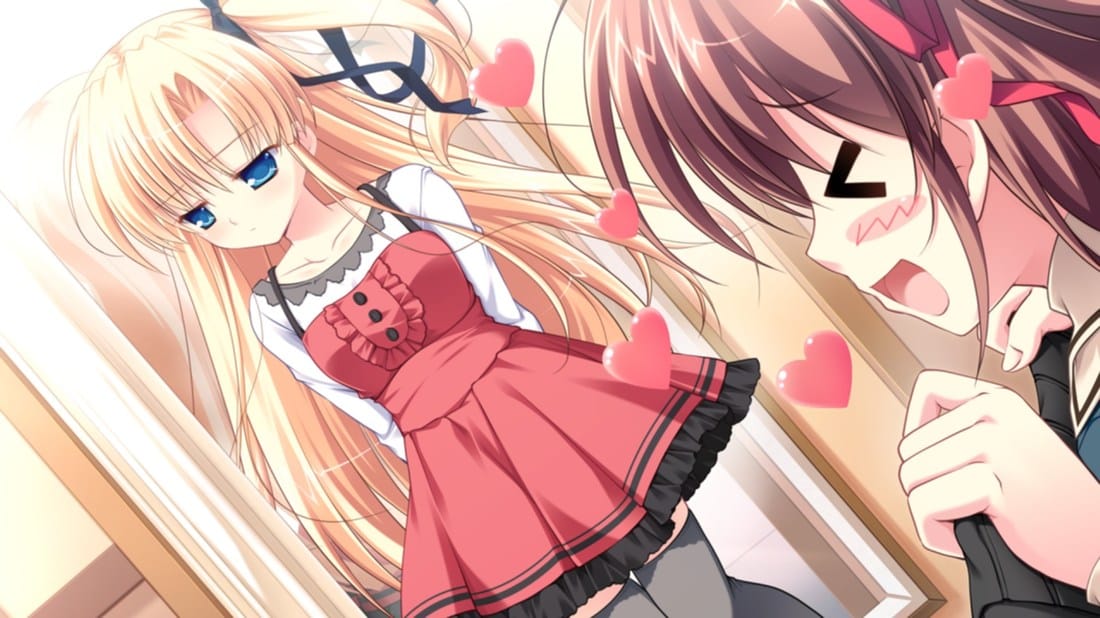>_<, black_ribbon, blonde_hair, blue_eyes, blush, brown_hair, changing_room, dress