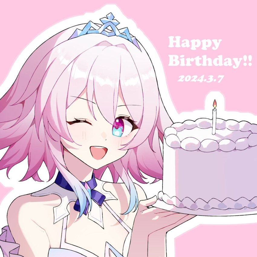 1girl, bare_shoulders, birthday, birthday_cake, blue_eyes, blue_hair, cake, candle, chi_ka, chinese_commentary, colored_tips, commentary, english_text, food, highres, honkai:_star_rail, honkai_(series), looking_at_viewer, march_7th_(dress)_(honkai:_star_rail), march_7th_(honkai:_star_rail), medium_hair, multicolored_hair, official_alternate_costume, one_eye_closed, open_mouth, outline, pink_background, pink_eyes, pink_hair, smile, solo, teeth, tiara, upper_teeth_only, white_outline