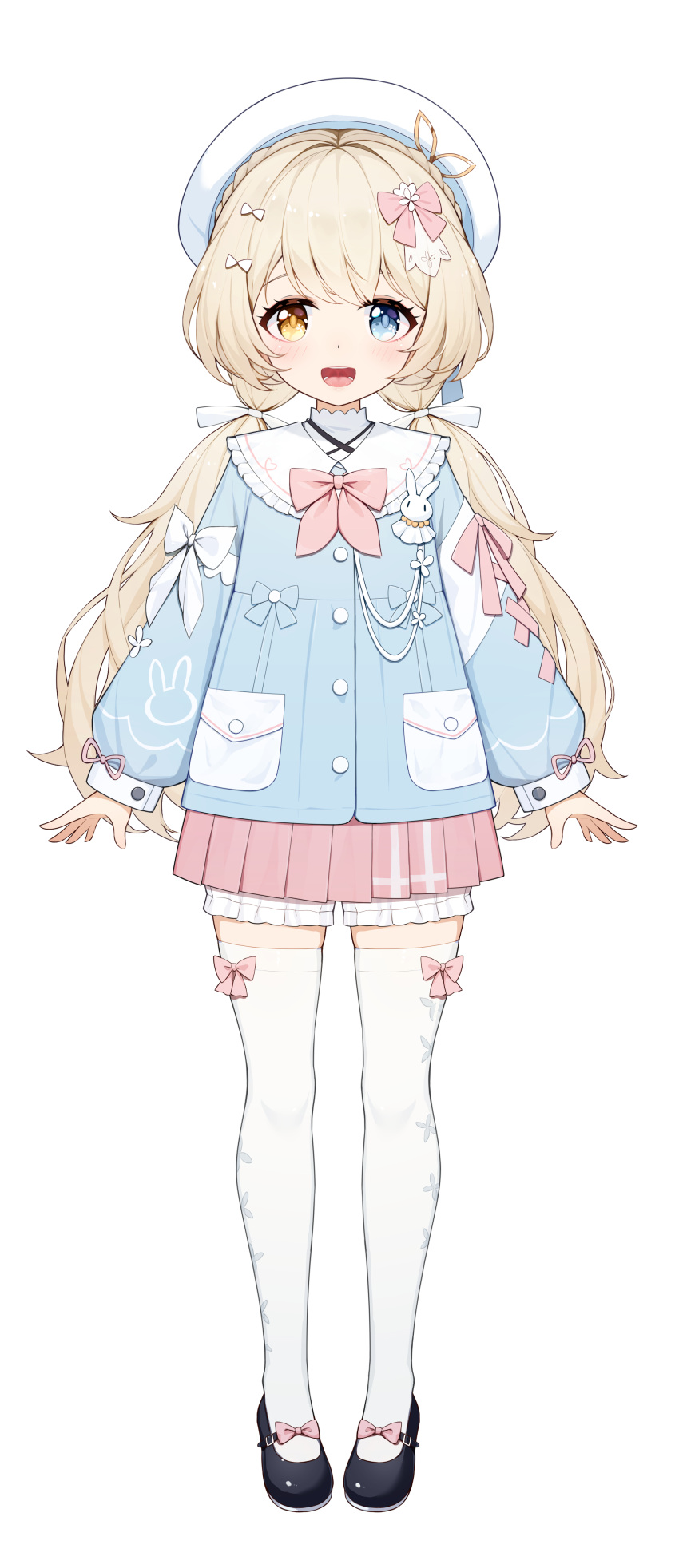 1girl, :d, absurdres, beret, black_footwear, blonde_hair, blue_eyes, bow