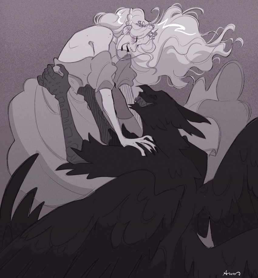 1boy, 1girl, black_nails, blush, circusmantis, closed_eyes, dress, facing_another