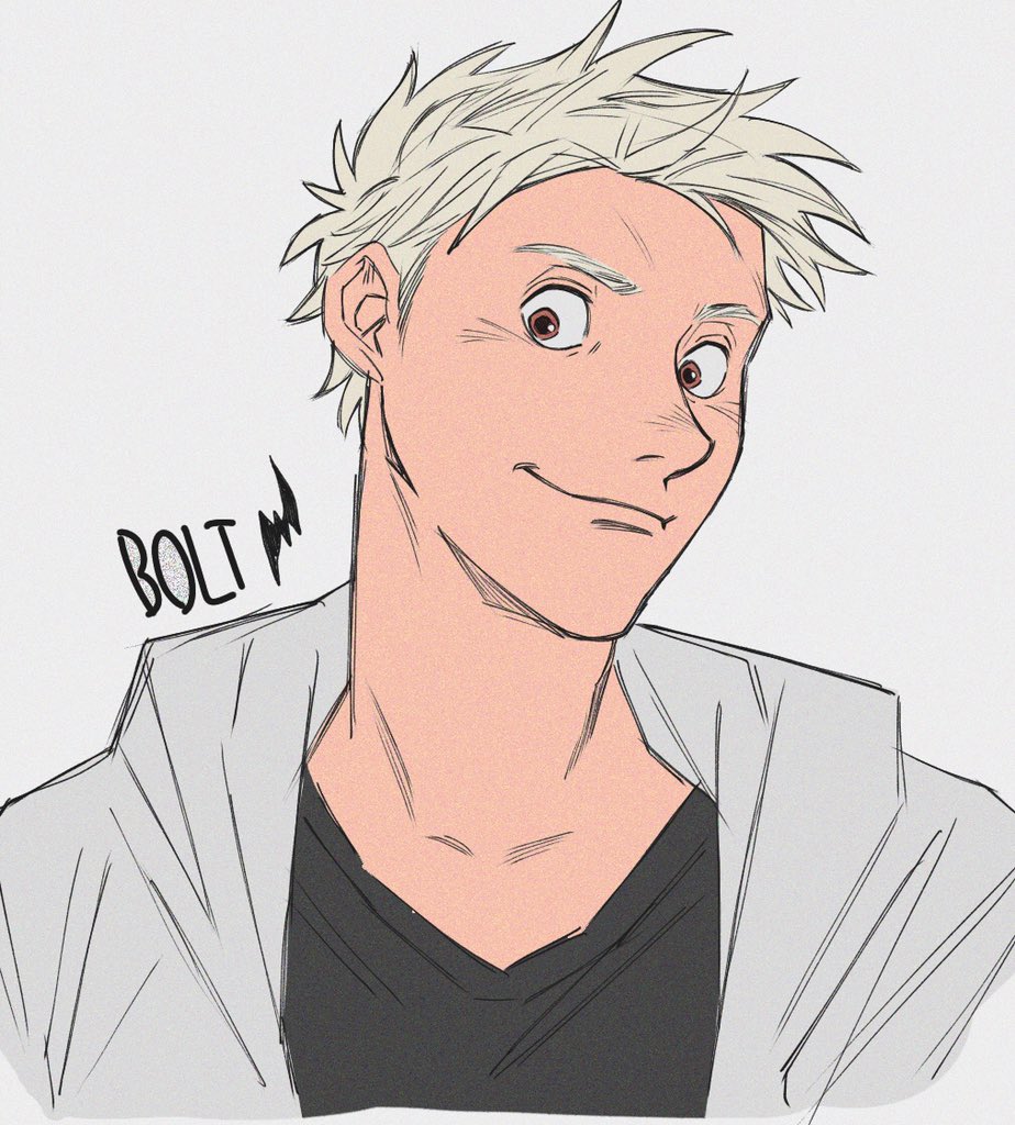 1boy, black_shirt, bolt_(bolt), bolt_(movie), brown_eyes, character_name, closed_mouth, cropped_torso, grey_background, grey_jacket, humanization, jacket, lightning_bolt_symbol, looking_at_viewer, male_focus, shirt, short_hair, solo, uochandayo, white_hair