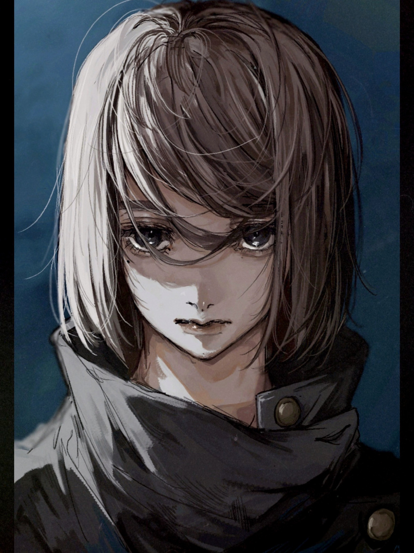 1girl, absurdres, black_jacket, blue_background, brown_eyes, brown_hair, buttons, closed_mouth
