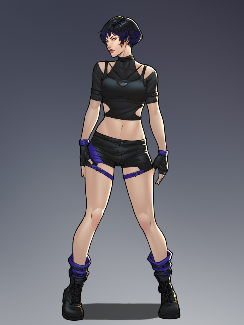 1girl, absurdres, bare_shoulders, black_choker, black_footwear, black_gloves, black_hair, boots, choker, colored_tips, fingerless_gloves, full_body, gloves, highres, invictarex, looking_at_viewer, multicolored_hair, navel, purple_hair, reina_(tekken), short_hair, simple_background, solo, stomach, tekken, tekken_8, thigh_strap, violet_eyes
