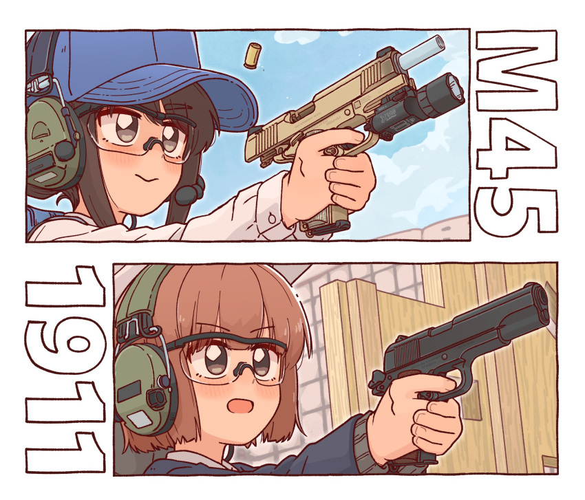 2girls, aiming, black_eyes, black_hair, bocchi-ya-nawi, brown_hair, casing_ejection, finger_on_trigger