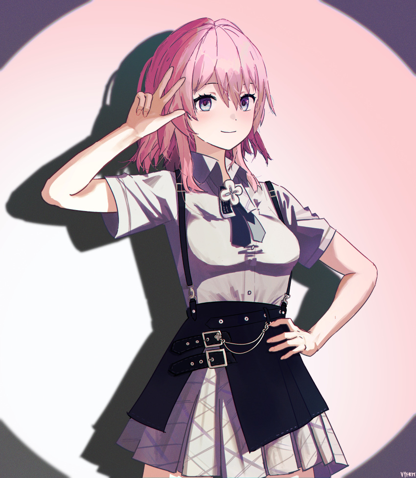 1girl, absurdres, artist_name, blue_eyes, breasts, closed_mouth, collared_shirt, english_commentary, hand_on_own_hip, hand_up, highres, honkai:_star_rail, honkai_(series), march_7th_(apparel)_(honkai:_star_rail), march_7th_(honkai:_star_rail), medium_breasts, medium_hair, miniskirt, official_alternate_costume, pink_eyes, pink_hair, pleated_skirt, shadow, shirt, short_sleeves, skirt, smile, solo, spotlight, two-tone_eyes, vyfrit, w