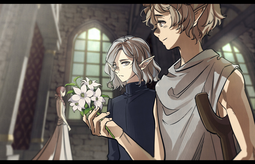 1girl, 2boys, absurdres, blonde_hair, braided_ponytail_elf_(dungeon_meshi), brothers, curly_hair, dress