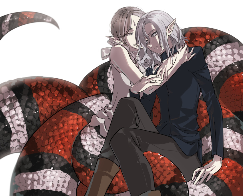 1boy, 1girl, absurdres, arms_around_neck, bare_shoulders, black_scales, blonde_hair, braid