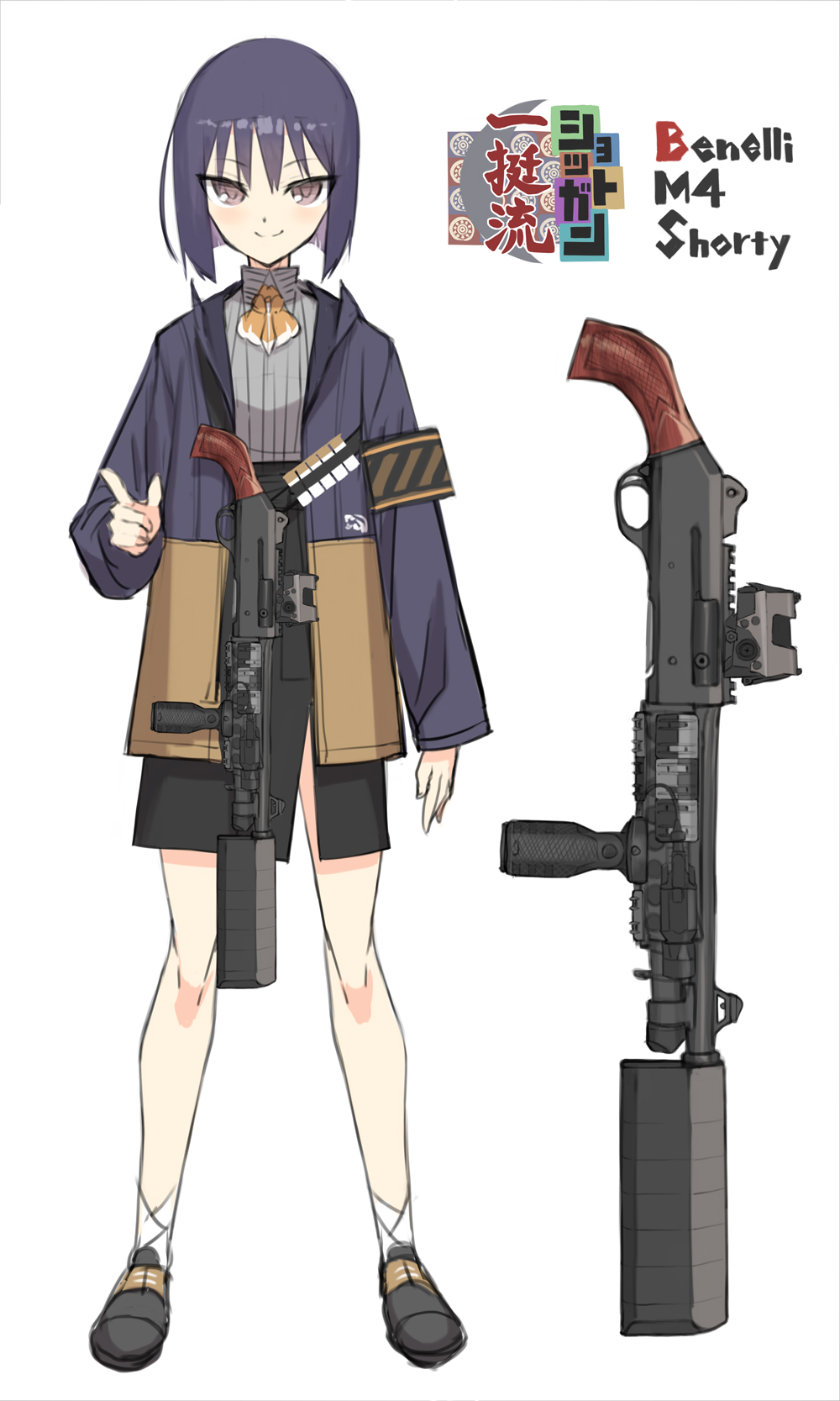 1girl, arm_at_side, armband, bandolier, benelli_m4, black_footwear, black_skirt, blunt_ends