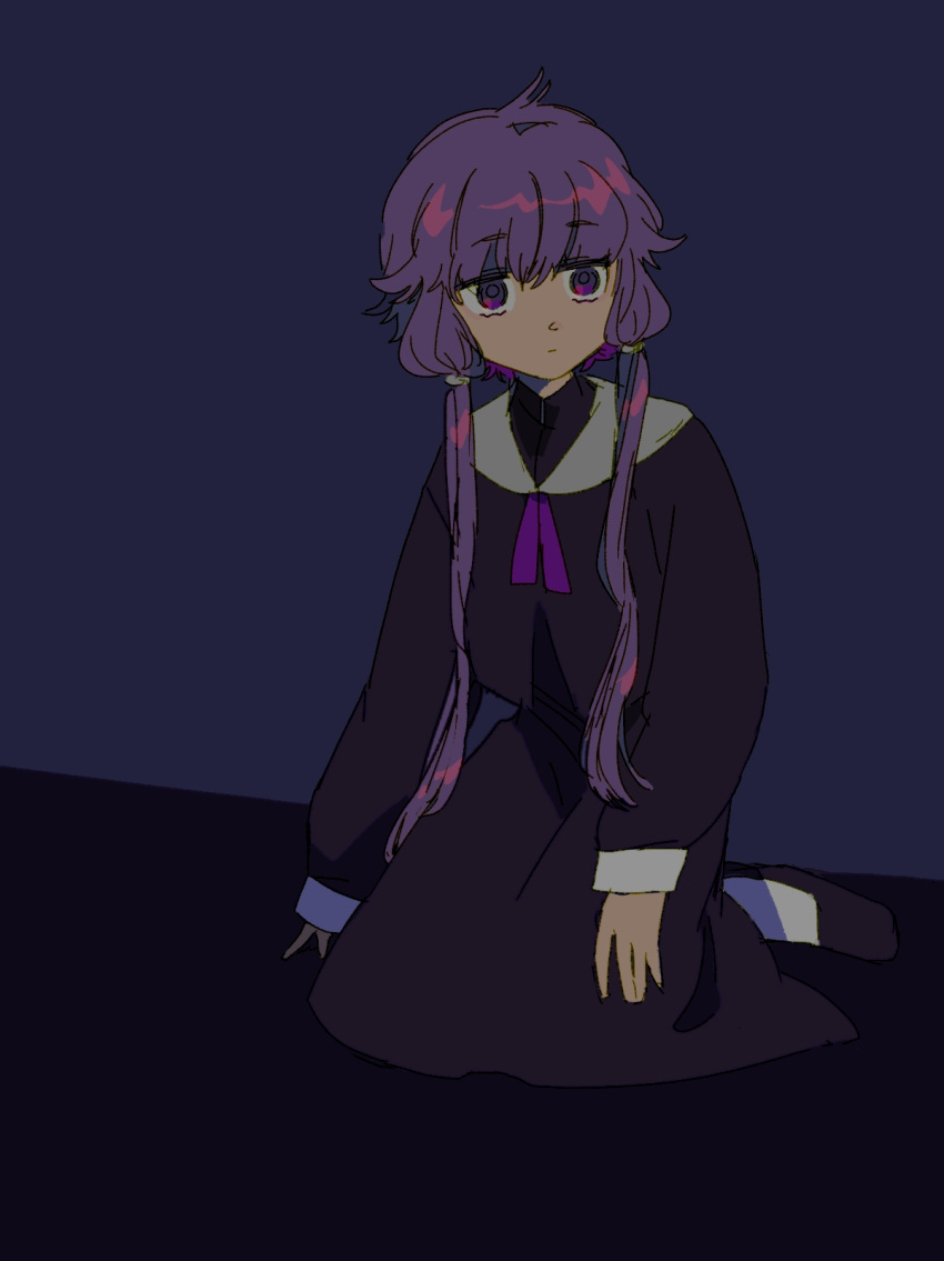 1girl, alternate_costume, black_dress, black_footwear, blue_background, closed_mouth, collared_dress, commentary_request