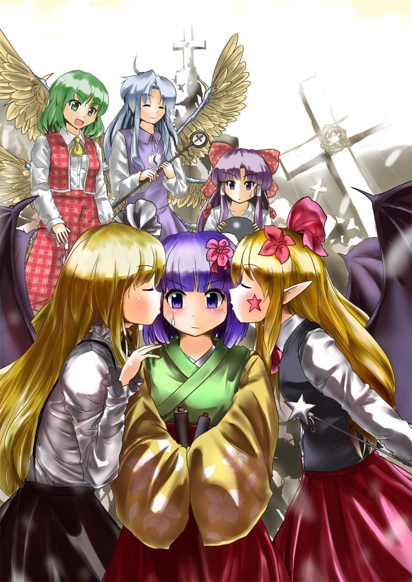 ascot, blonde_hair, blue_hair, bow, cheek_kiss, closed_eyes, cross, culter, double_cheek_kiss, elis_(touhou), flower, green_eyes, green_hair, hair_bow, hair_flower, hair_ornament, hakurei_reimu, hakurei_reimu_(pc-98), hieda_no_akyuu, highres, incipient_kiss, japanese_clothes, kazami_yuuka, kazami_yuuka_(pc-98), kimono, kiss, kurumi_(touhou), long_hair, plaid_pants, plaid_vest, pointy_ears, purple_eyes, purple_hair, sariel, scroll, short_hair, staff, sweatdrop, touhou, touhou_(pc-98), violet_eyes, wings, yin_yang, yuri