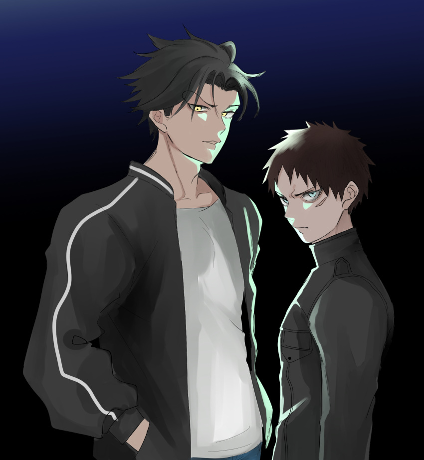 2boys, black_background, black_hair, black_jacket, blue_eyes, brown_hair, egg_09plant, hands_in_pockets, highres, jacket, kunato_hyouma, long_sleeves, male_focus, mononogatari, multiple_boys, nagi_(mononogatari), scar, scar_on_face, shirt, white_shirt, yellow_eyes