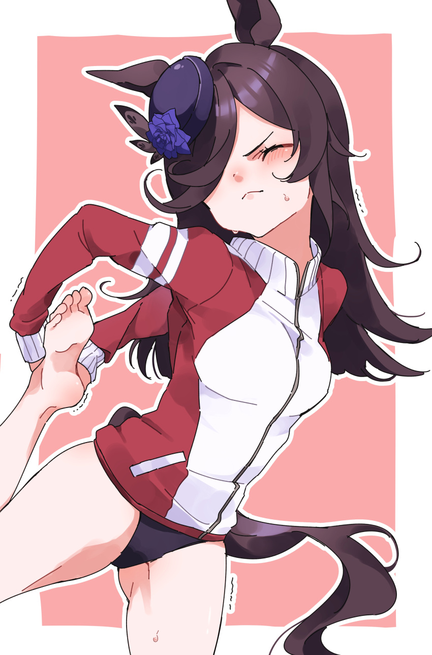 1girl, absurdres, alternate_costume, animal_ears, arms_behind_back, barefoot, black_hair, blush, breasts, buruma, closed_eyes, closed_mouth, commentary_request, feet, hair_ornament, hair_over_one_eye, hat, highres, horse_ears, horse_girl, horse_tail, jacket, rice_shower_(umamusume), sarabure, simple_background, small_breasts, soles, solo, sweat, tail, track_jacket, umamusume