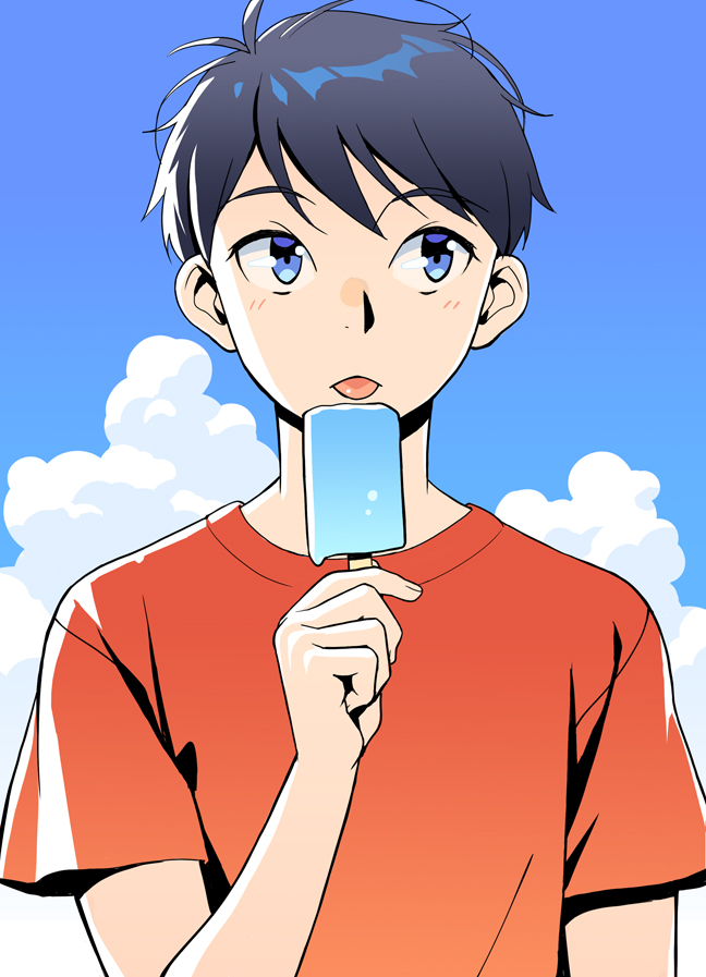 1boy, asahina_haruka, black_hair, blue_eyes, clouds, day, eating, food