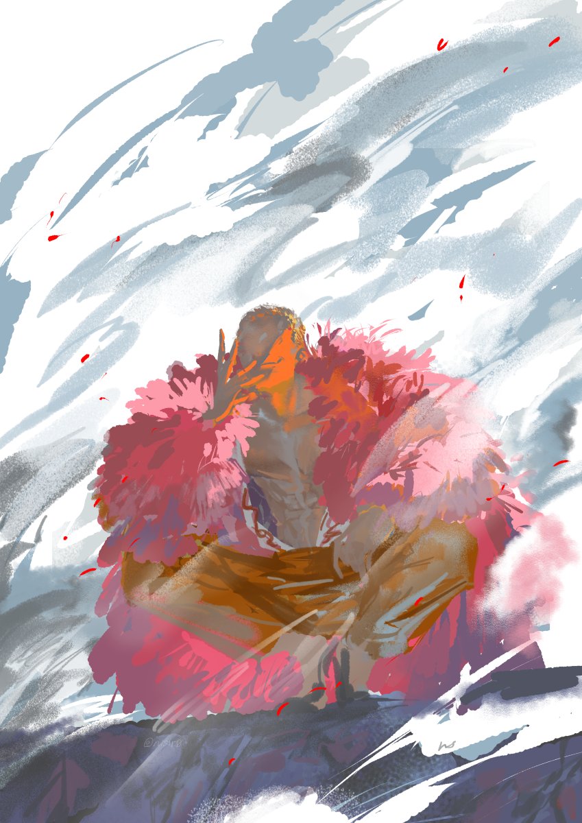 1boy, arm_up, blonde_hair, coat, donquixote_doflamingo, feathered_coat, highres, male_focus