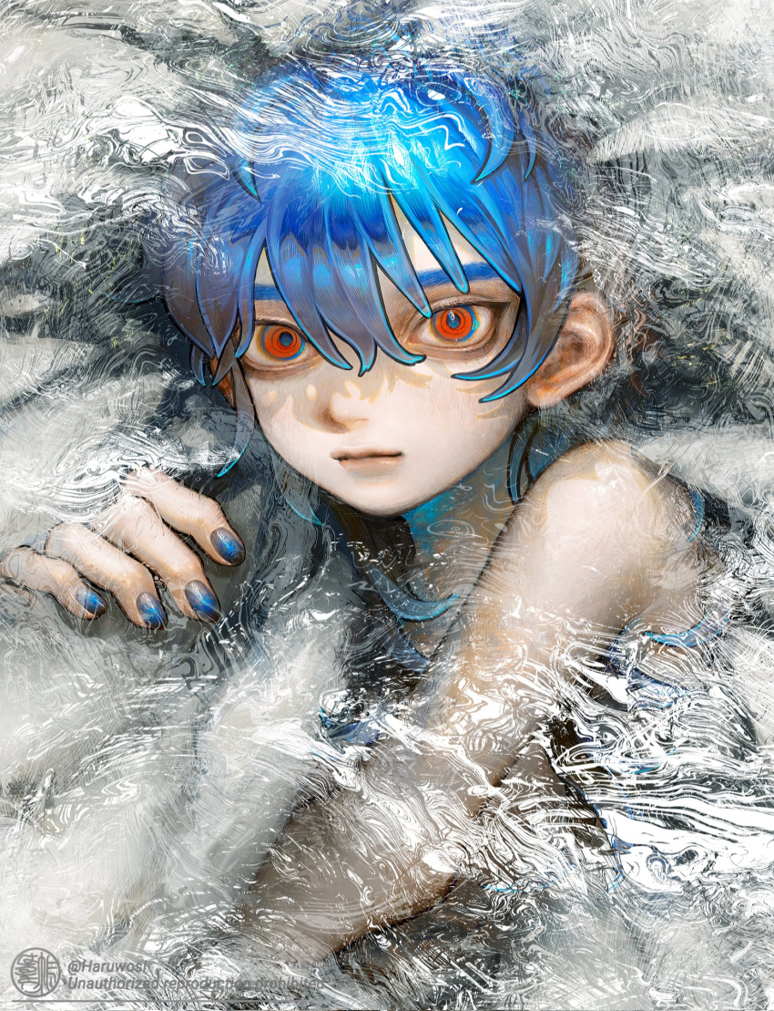 1boy, artist_name, blue_hair, blue_nails, closed_mouth, expressionless, fingernails, gradient_background
