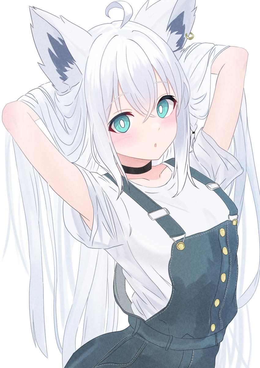 1girl, absurdres, animal_ears, aqua_eyes, arms_behind_head, black_choker, choker, denim_overalls