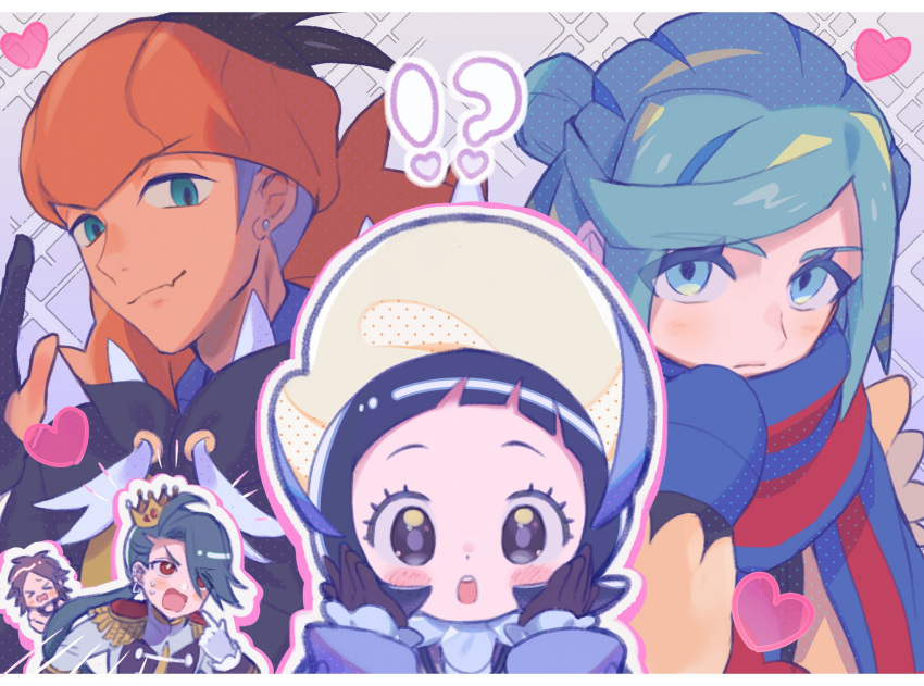 !?, 2girls, 3boys, :o, abe_(kumayu), black_eyes, blue_mittens, blue_scarf