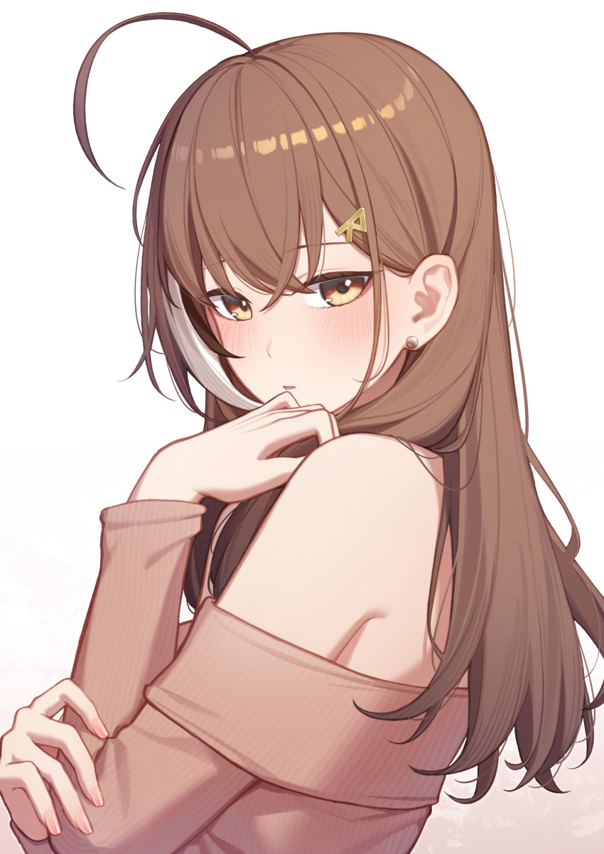 1girl, absurdres, ahoge, alternate_costume, armpit_crease, bare_shoulders, black_hair, blush, brown_eyes, brown_hair, brown_sweater, commentary, crossed_bangs, earrings, erezu, grabbing_own_arm, hair_behind_ear, hair_between_eyes, hair_ornament, hairclip, hand_to_own_mouth, highres, hololive, hololive_english, huge_ahoge, jewelry, long_hair, long_sleeves, looking_at_viewer, multicolored_hair, nanashi_mumei, no_bra, off-shoulder_sweater, off_shoulder, parted_lips, simple_background, solo, streaked_hair, sweater, symbol-only_commentary, virtual_youtuber, white_background, white_hair
