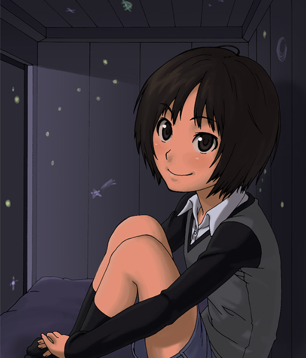 1girl, amagami, bad_id, black_socks, black_sweater, blue_skirt, bob_cut, brown_eyes, brown_hair, casual, closed_mouth, closet, collared_shirt, comet, commentary, crescent, dark, denim, denim_skirt, dress_shirt, from_side, glow-in-the-dark, grey_sweater, hands_on_own_feet, hugging_own_legs, indoors, kneehighs, knees_up, light_blush, looking_at_viewer, looking_to_the_side, raglan_sleeves, shirt, short_hair, sitting, skirt, smile, socks, solo, star_(symbol), sweater, tachibana_miya, two-tone_sweater, white_shirt, white_undershirt, yuuya_(yu-ya's)