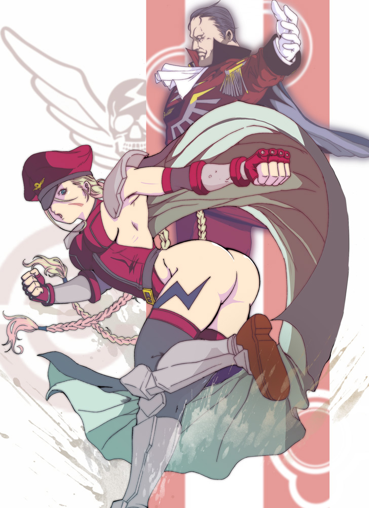 armpits, ass, blonde_hair, blue_eyes, braid, cammy_white, cape, clenched_hands