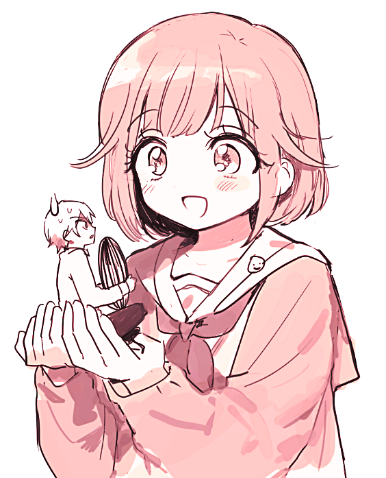 1boy, 1girl, blonde_hair, blush, cardigan, hands_up, jihecchi, mini_person