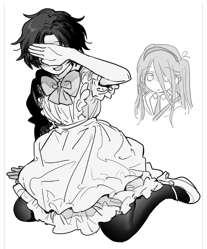 1boy, 1girl, apron, aris_(blue_archive), blue_archive, blue_archive_the_animation, bow, bowtie, cosplay, covering_own_eyes, crossdressing, dress, hair_between_eyes, hand_up, jihecchi, long_hair, maid, one_side_up, open_mouth, pantyhose, parted_bangs, puffy_short_sleeves, puffy_sleeves, sakata_shougo, sakata_shougo_(cosplay), sensei_(blue_archive), sensei_(blue_archive_the_animation), shoes, short_sleeves, surprised, very_long_hair, voice_actor_connection